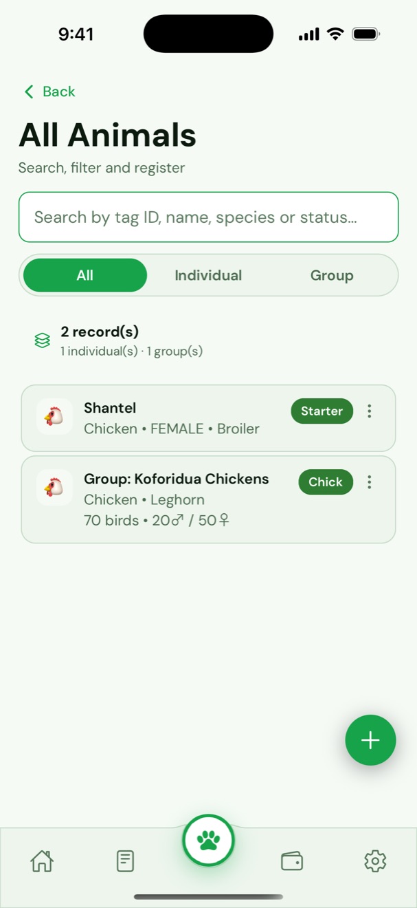 Animal list with individual animals and groups
