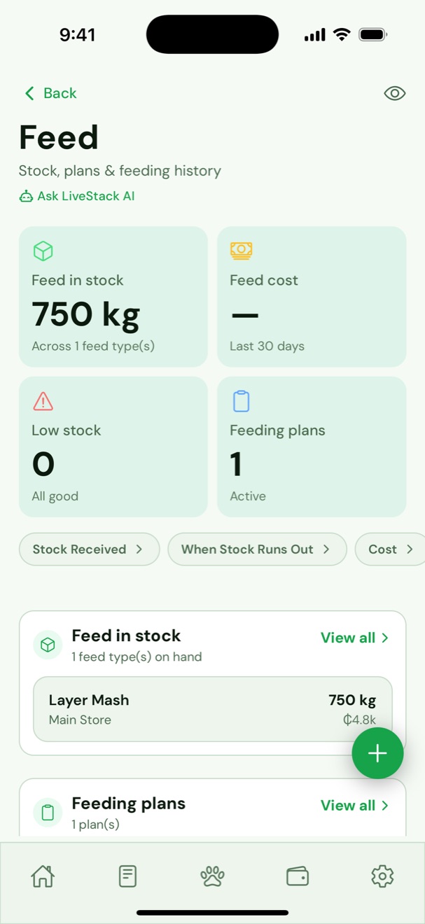 Feed hub showing feed in stock and feeding plans